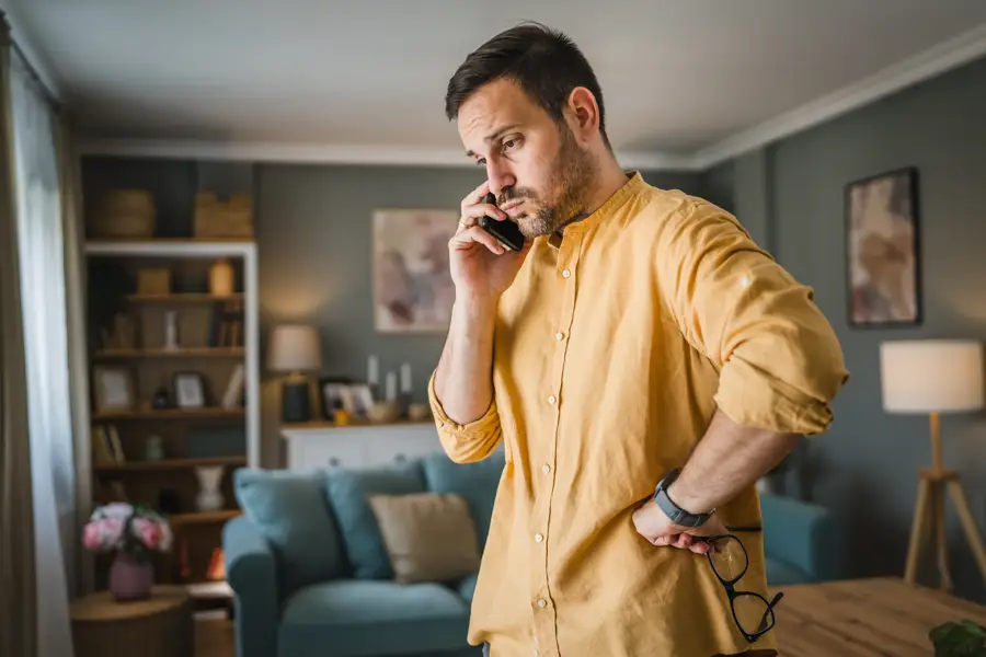 Man talar i mobiltelefon med ett fundersamt ansiktsuttryck