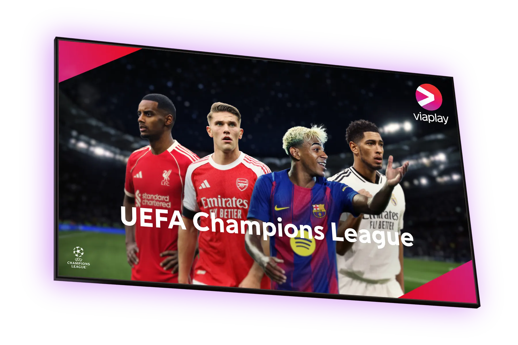 En tv-skärm med aktuella fotbollsspelare från UEFA Champions League 2025/2026 med Viaplay och UEFA Champions League logotyper i varsitt hörn.