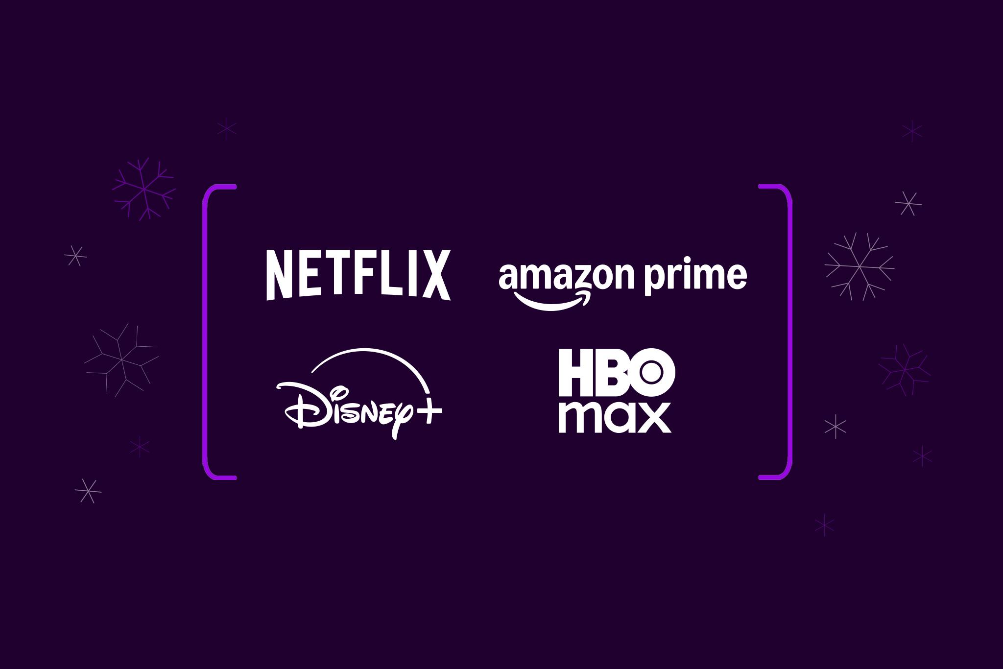 Netflix, Amazon Prime, Disney+ och HBO Max logotyper som ingår i vårt streamingpaket Streaming Maxad som vi har julerbjudande på under julen hos Telia 2025.