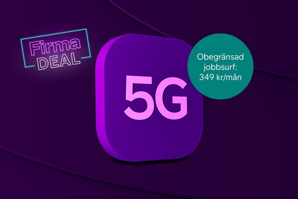 Lila ikon för Telia Företag 5G samt badge med pris för obegränsat mobilabonnemang.