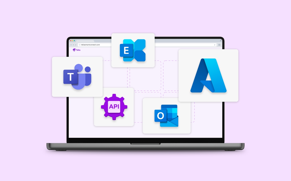 Telias telefonväxel Smart Connect, integrationer, laptop med rosa bakgrund