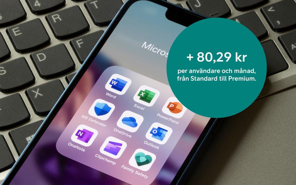 iPhone med Micorsoft-appar på laptop, med info om skillnader i pris mellan olika Microsoft 365-paket.