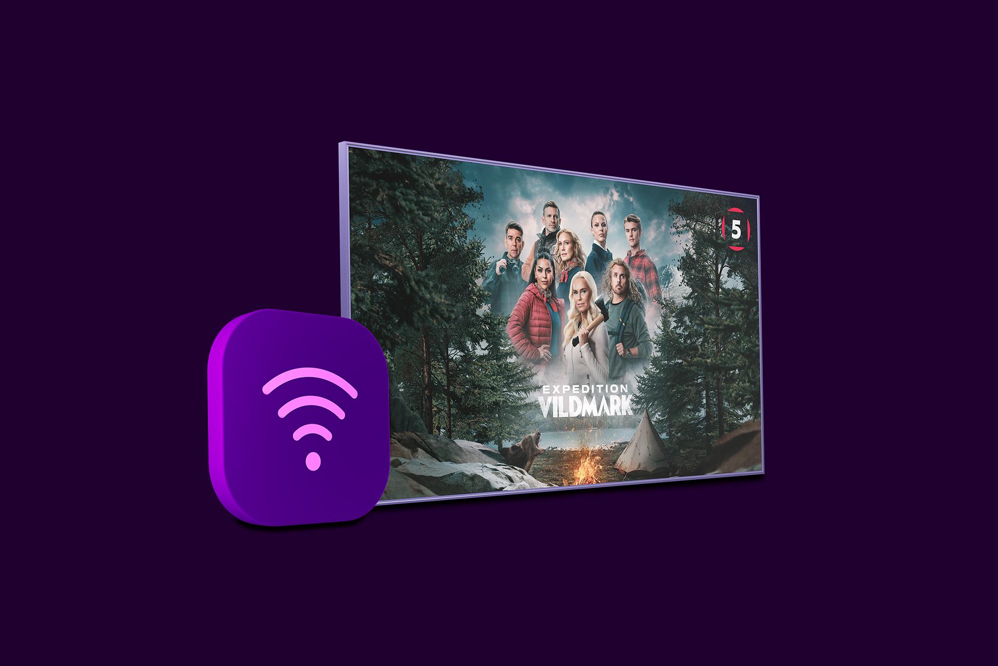 En wifi-symbol och en tv-skärm med innehåll från Expedition Vildmark på Kanal 5. Köp vårt bredband via fiber tillsammans med vårt tv-paket Tv Mini inkl. 19 kanaler och streaming från TV4 Play – just nu till paketpris.