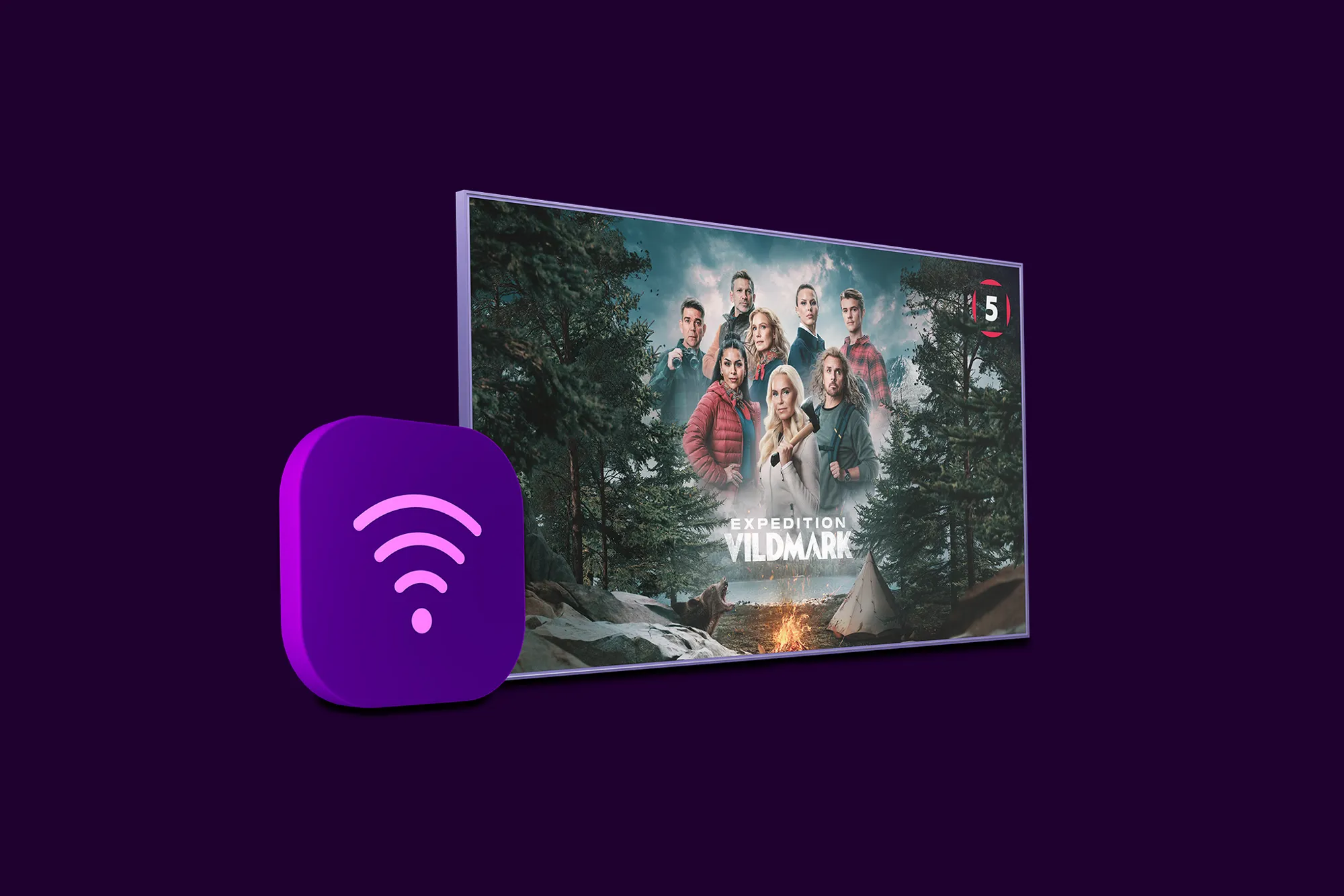 En wifi-symbol och en tv-skärm med innehåll från Expedition Vildmark på Kanal 5. Köp vårt bredband via fiber tillsammans med vårt tv-paket Tv Mini inkl. 19 kanaler och streaming från TV4 Play – just nu till paketpris.