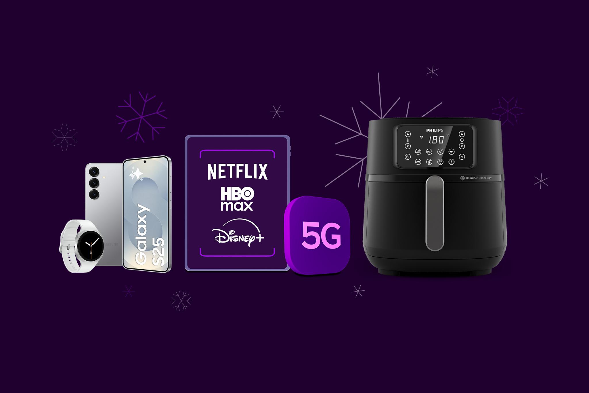 Samsung Galaxy S25 med Galaxy Watch8, streaming, 5G och Philips airfryer