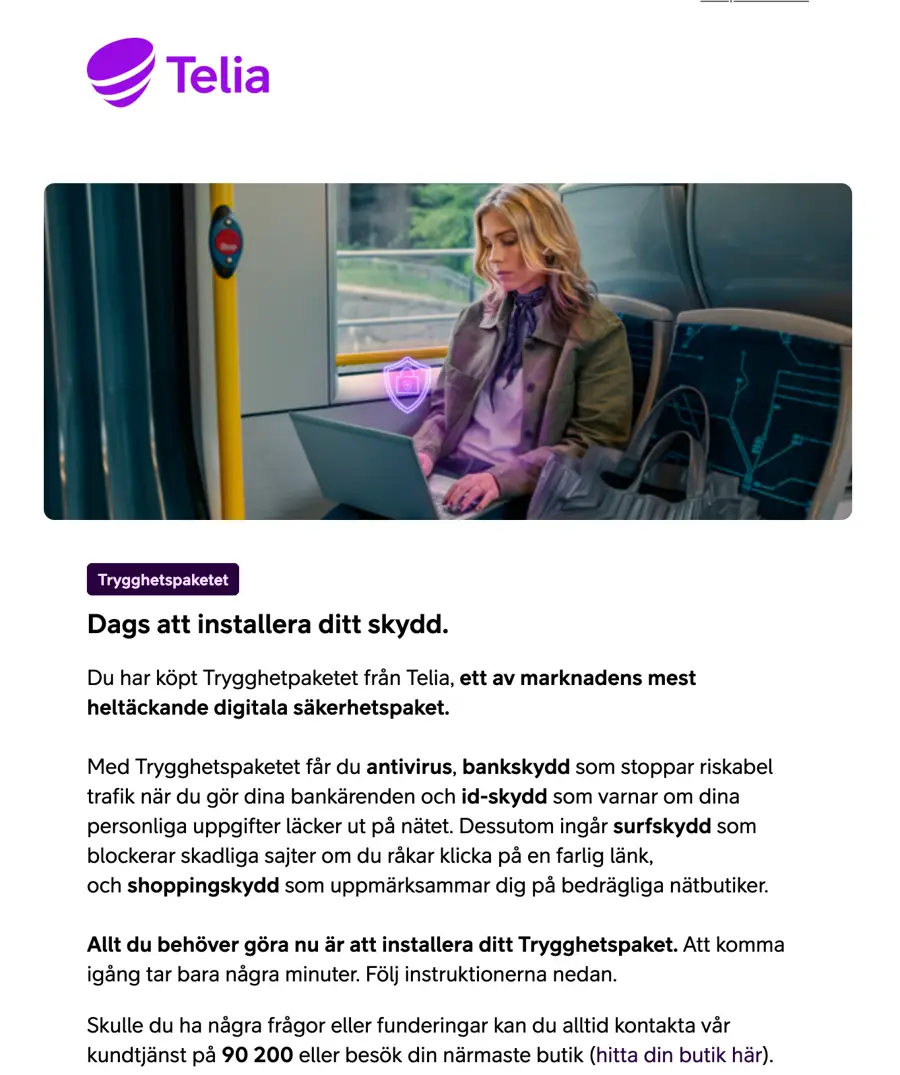 Printscreen på installationsmailet för Trygghetspaketet