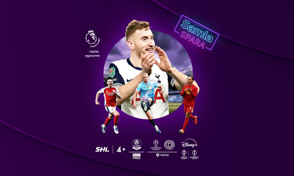 Loggor med streamingtjänsterna som ingår i Största sportpaketet: Viaplay, Amazon Prime, Disney+ och HBO Max med dess ligor bredvid, fotbollsspelaren Dejan Kulusevski i mitten och en neon-logga med texten: "Samla och spara" ovanför.