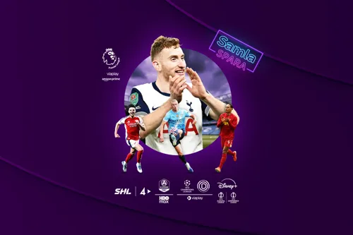 Loggor med streamingtjänsterna som ingår i Största sportpaketet: Viaplay, Amazon Prime, Disney+ och HBO Max med dess ligor bredvid, fotbollsspelaren Dejan Kulusevski i mitten och en neon-logga med texten: "Samla och spara" ovanför.