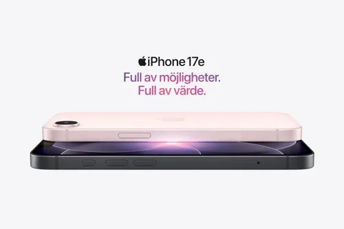 iPhone 17e i rosa och svart färg. Full av möjligheter. Full av värde.