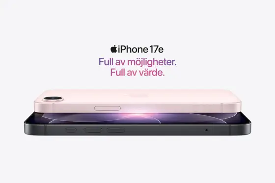 iPhone 17e i rosa och svart färg. Full av möjligheter. Full av värde.