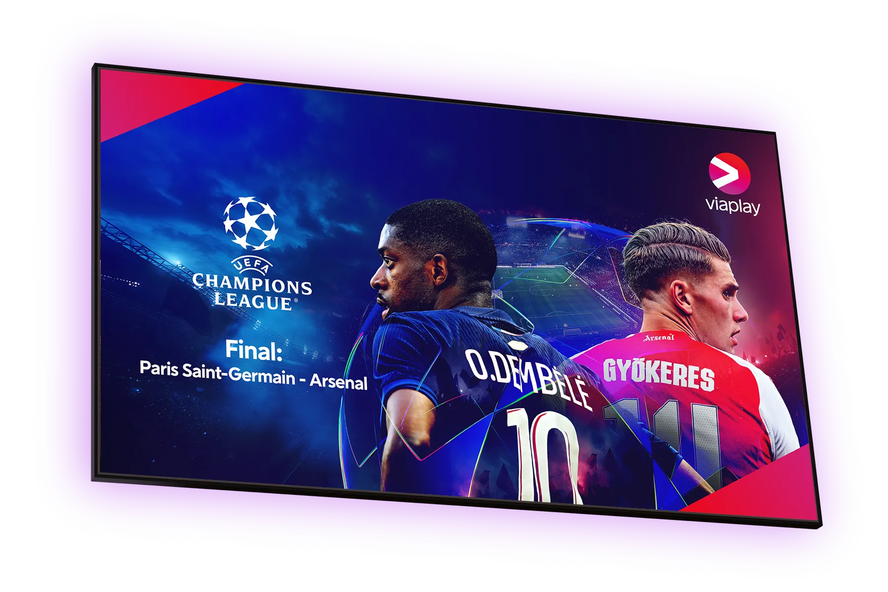 En tv-skärm med aktuella fotbollsspelare från Paris Saint Germain och Arsenal i UEFA Champions League 2025/2026 som möts i finalen den 30 maj 2026.