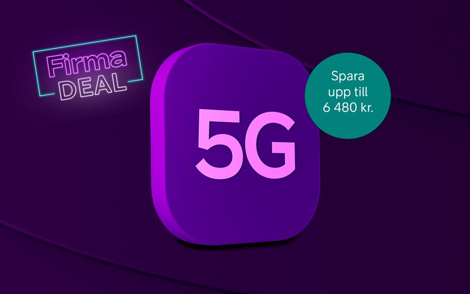 Lila ikon för 5G med lila bakgrund, grön spara-badge samt neonstämpel.