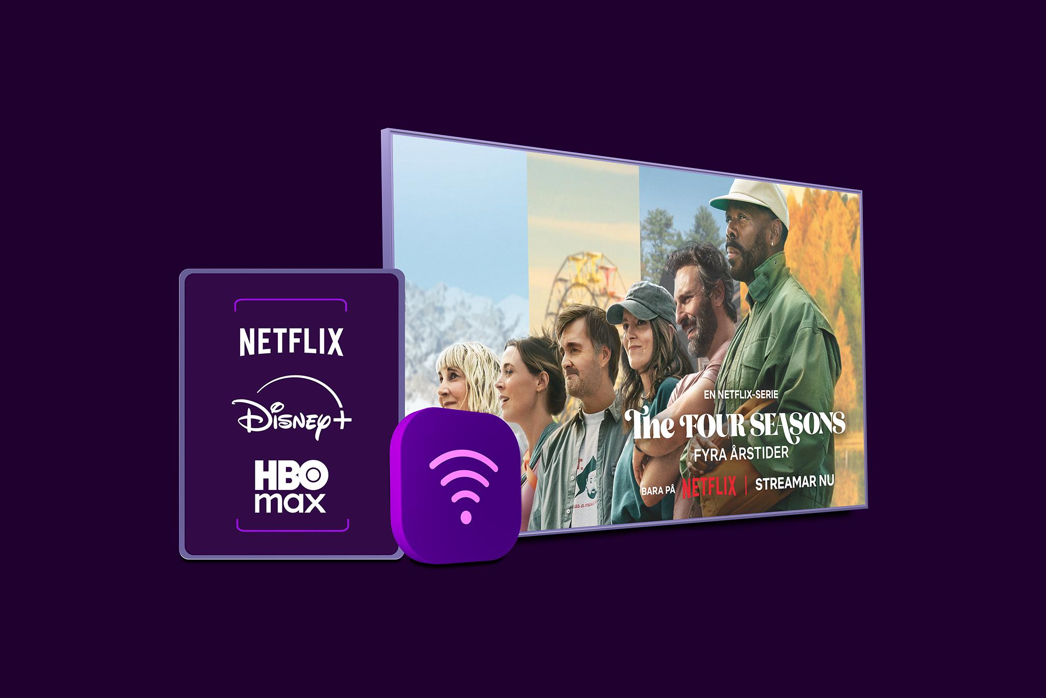 Netflix, Disney+ och HBO Max logotyper med en wifi-symbol och en tv-skärm med innehåll från The Four Seasons på Netflix som symboliserar vårt paket med bredband, tv och streaming.