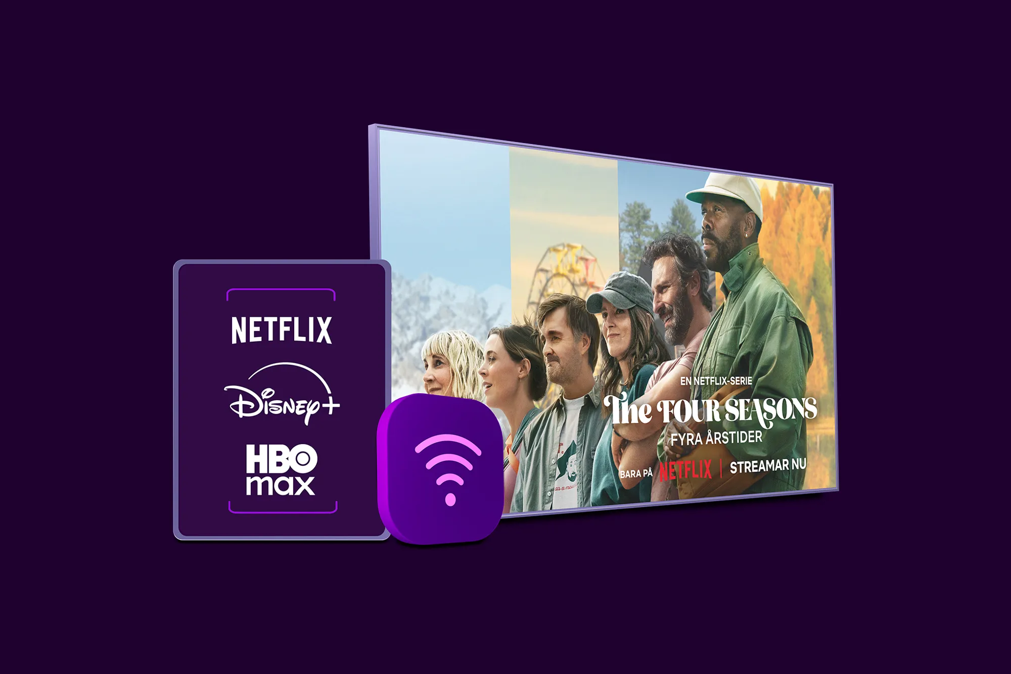Netflix, Disney+ och HBO Max logotyper med en wifi-symbol och en tv-skärm med innehåll från The Four Seasons på Netflix som symboliserar vårt paket med bredband, tv och streaming.