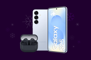 Samsung Galaxy S25 och Galaxy Buds3 FE, lila bakgrund med snöflingor