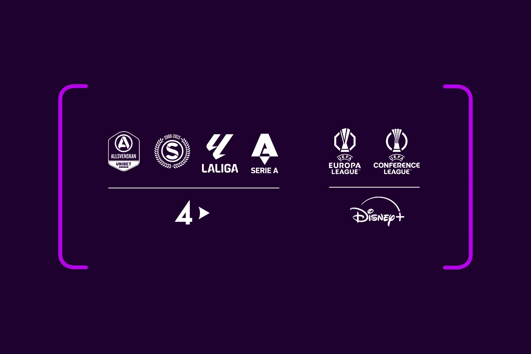 Loggor med streamingtjänsterna som ingår i Lilla sportpaketet: TV4 Play och Disney+ logotyper med dess sporträttigheter ovan.