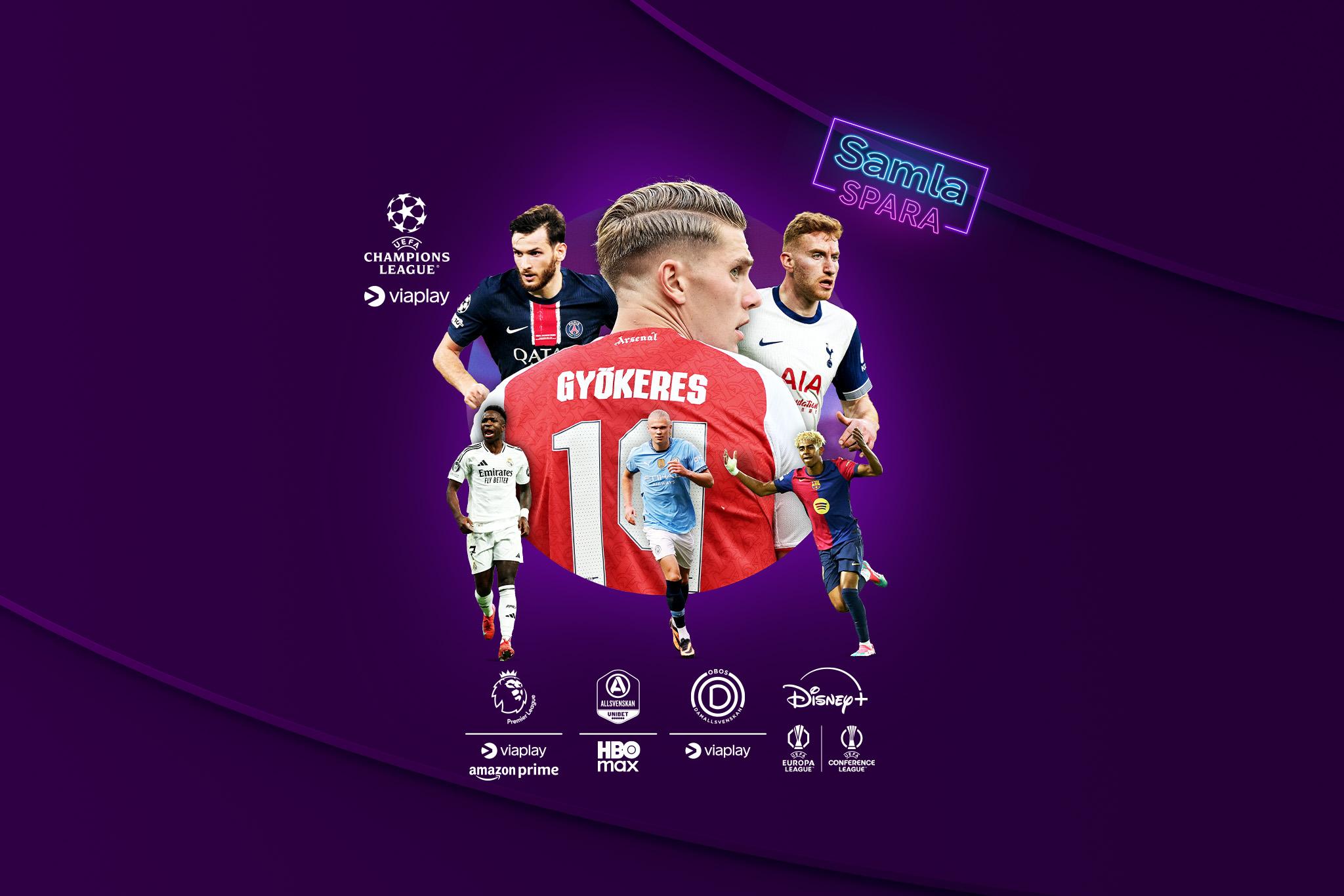 Aktuella fotbollsspelare i Champions League 2025/26 tillsammans med streamingtjänsternas loggor och dess sporträttigheter som ingår i Stora sportpaketet.