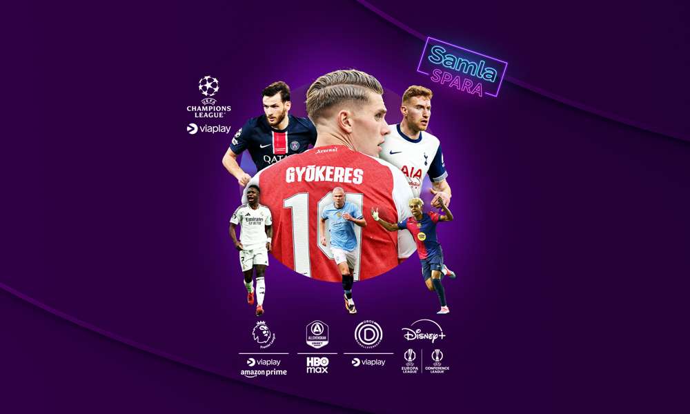 Aktuella fotbollsspelare i Champions League 2025/26 tillsammans med streamingtjänsternas loggor och dess sporträttigheter som ingår i Stora sportpaketet.