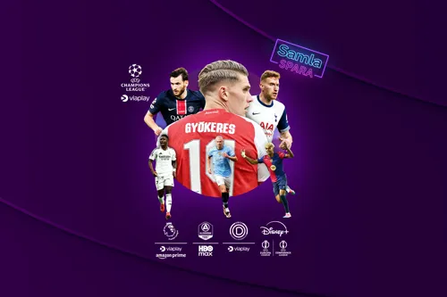 Aktuella fotbollsspelare i Champions League 2025/26 tillsammans med streamingtjänsternas loggor och dess sporträttigheter som ingår i Stora sportpaketet.