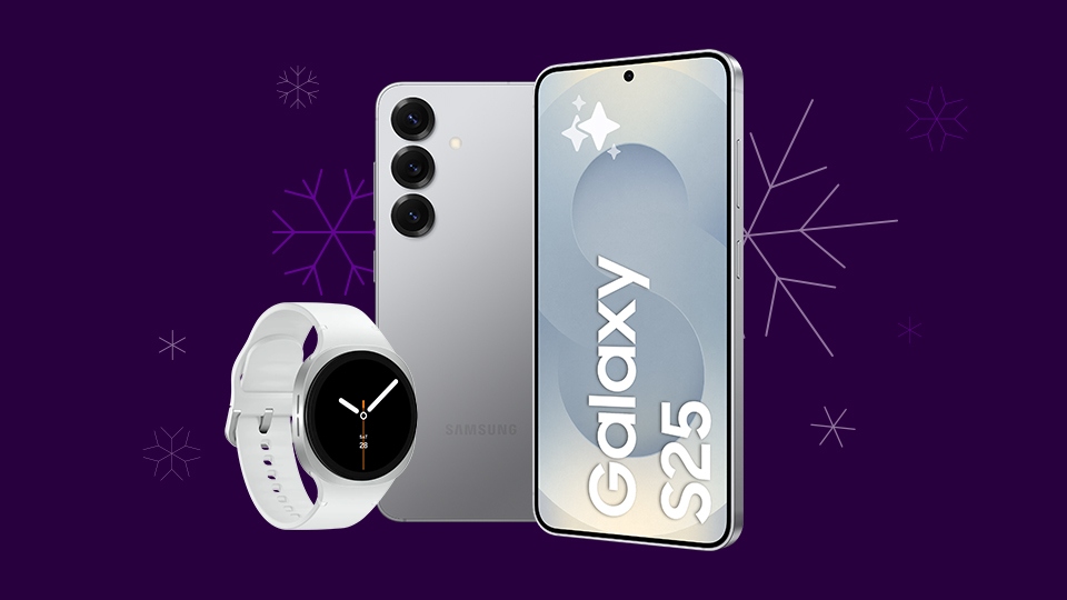Galaxy S25 + klocka Galaxy Watch8, lila bakgrund med snöflingor