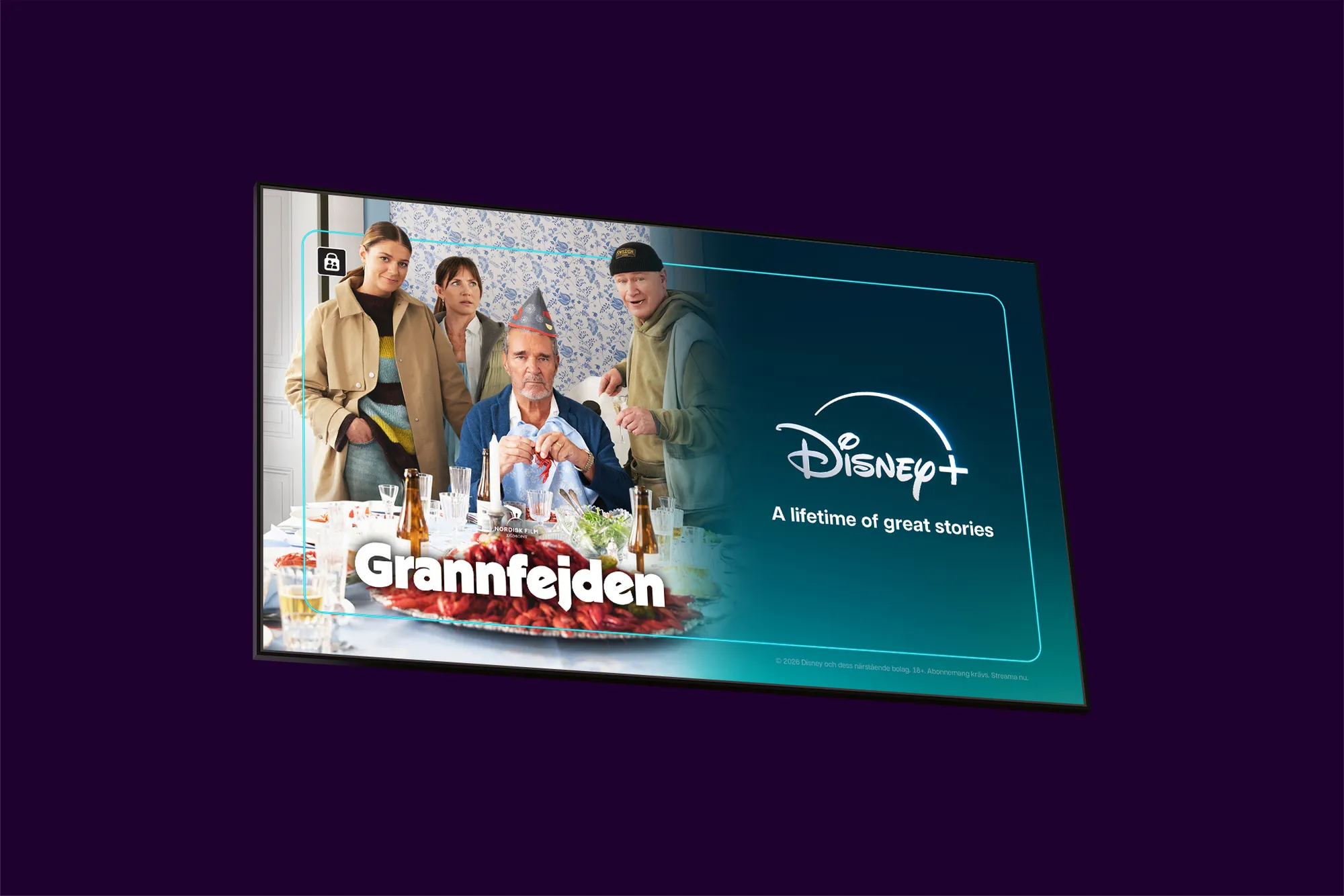 Huvudkaraktärerna i den svenska dramakomedin "Grannfejden" som går att streama på Disney+ från premiären den 7 september 2026.