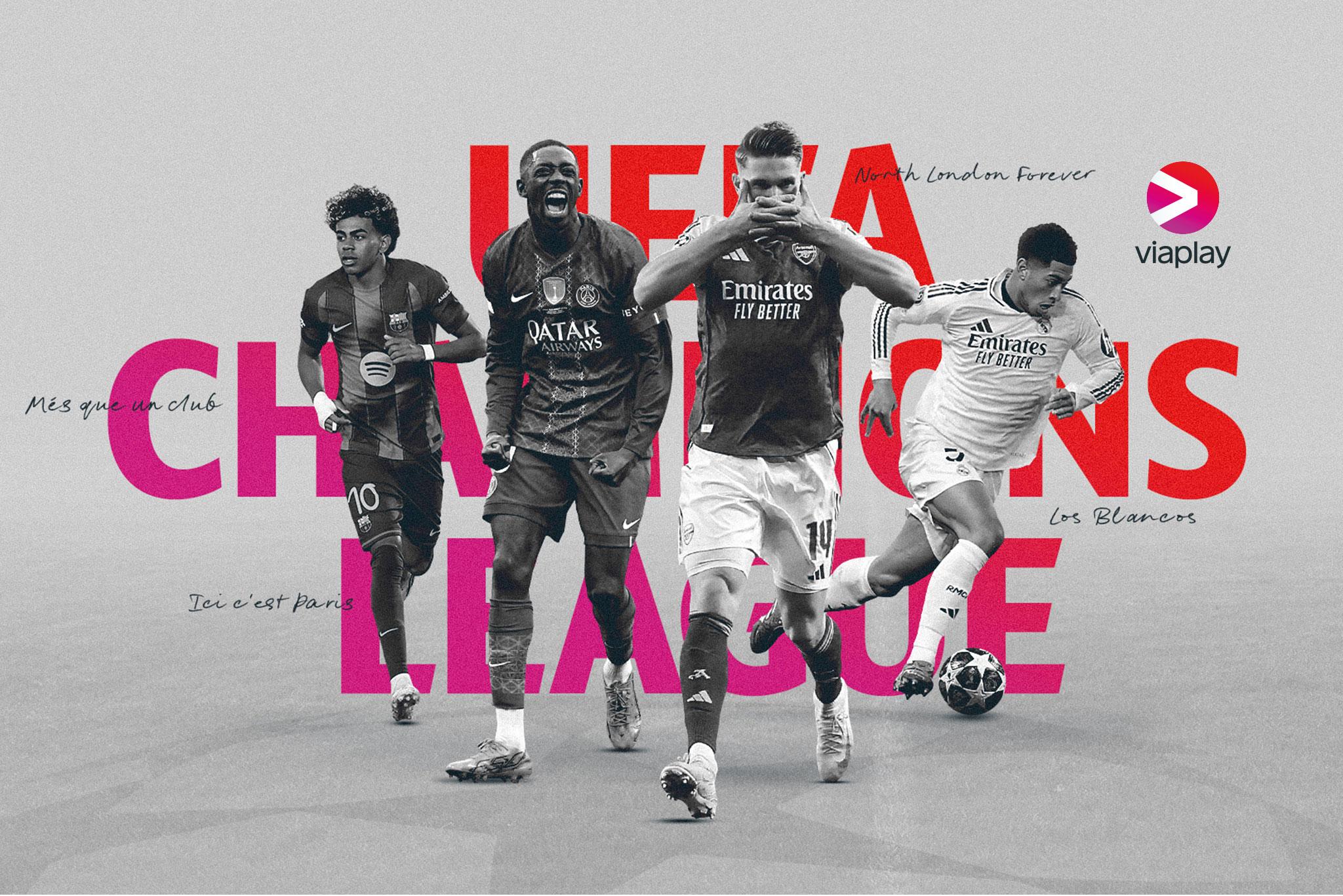 Aktuella fotbollsspelare i UEFA Champions League 2026/27 tillsammans med Viaplays logotyp och texten "UEFA Champions League" bakom.