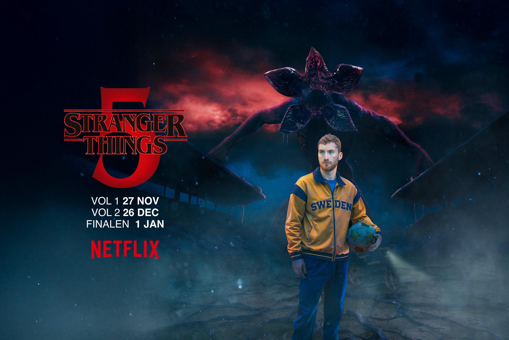 Fotbollsspelaren Dejan Kulusevskvi i en mörk och mystisk miljö inspirerad av Stranger Things fiktiva värld med texten "Stranger Things 5" som syftar till premiären av den femte säsongen av serien.