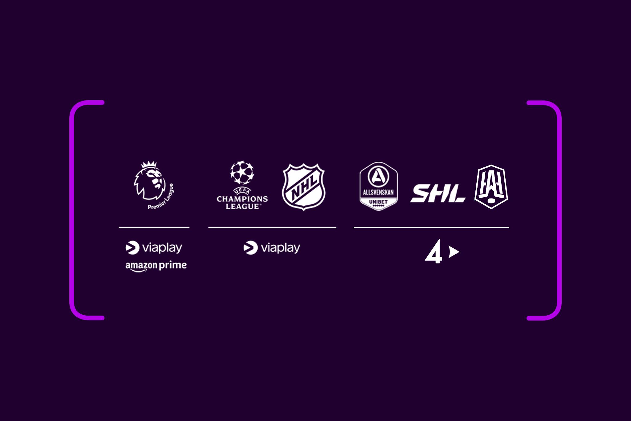 Loggor med streamingtjänsterna och dess sporträttigheter som ingår i Största sportpaketet: Viaplay, Amazon Prime och TV4 Play.