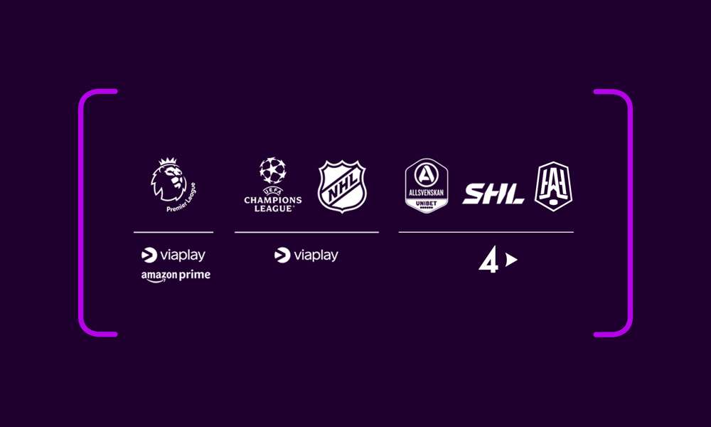 Loggor med streamingtjänsterna och dess sporträttigheter som ingår i Största sportpaketet: Viaplay, Amazon Prime och TV4 Play.