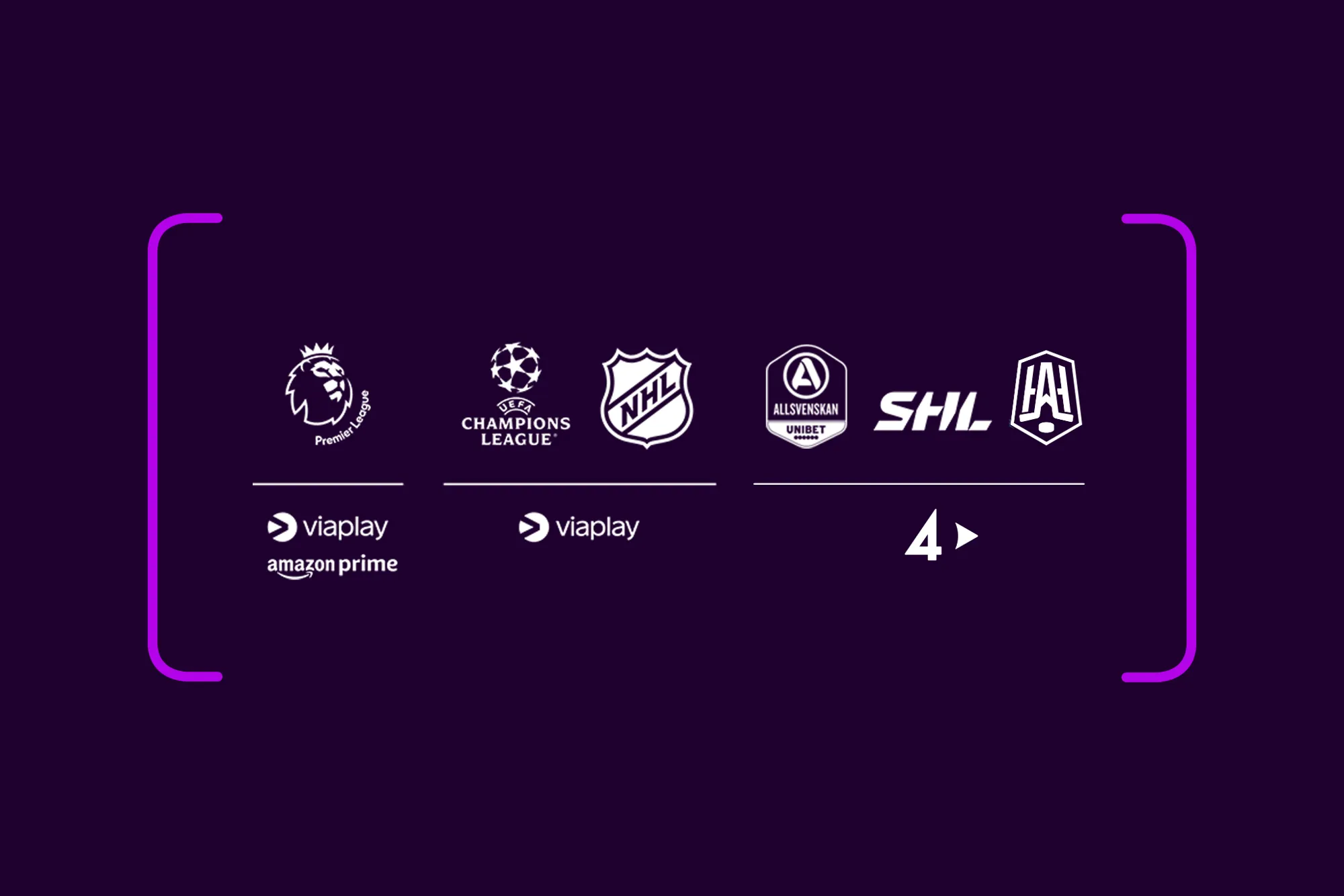 Loggor med streamingtjänsterna och dess sporträttigheter som ingår i Största sportpaketet: Viaplay, Amazon Prime och TV4 Play.
