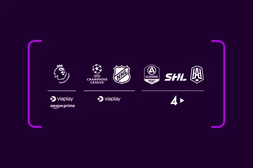 Loggor med streamingtjänsterna och dess sporträttigheter som ingår i Största sportpaketet: Viaplay, Amazon Prime och TV4 Play.