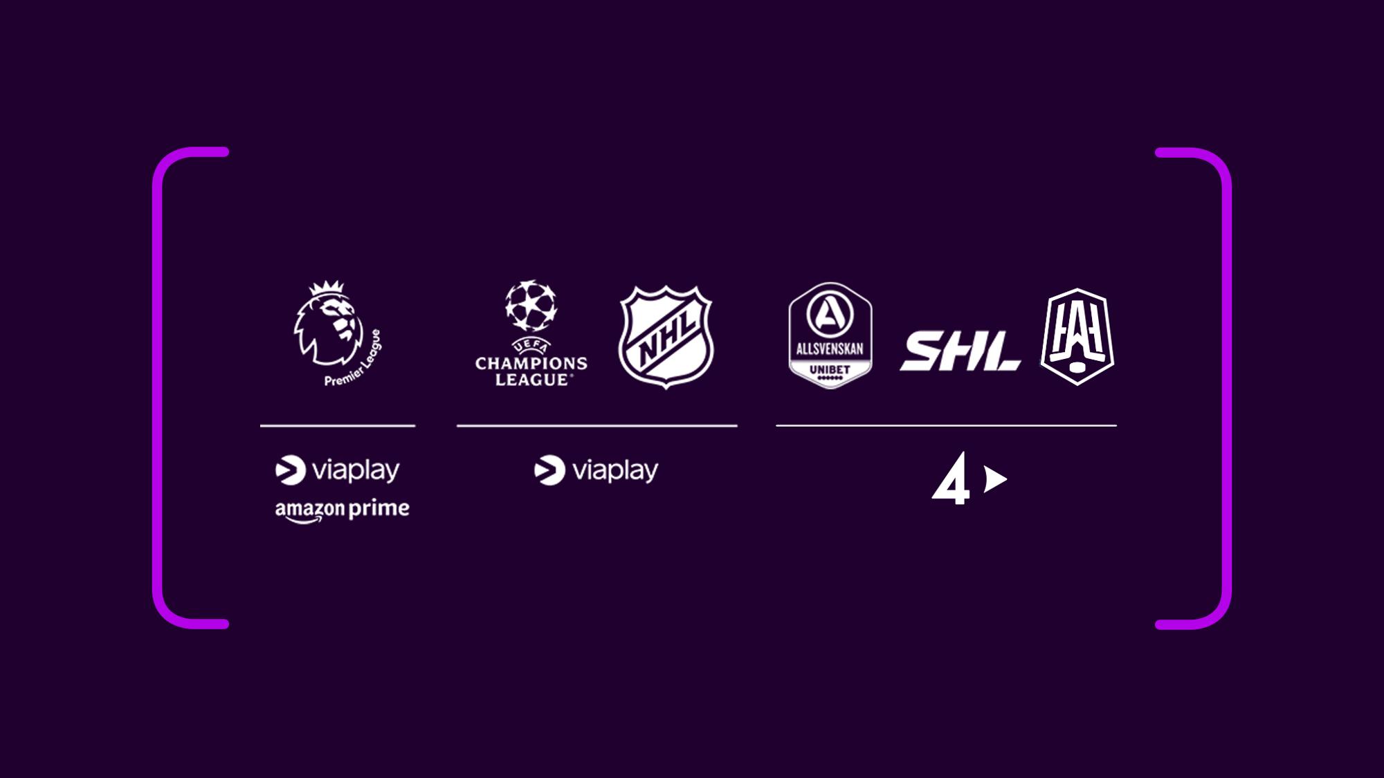 Loggor med streamingtjänsterna och dess sporträttigheter som ingår i Största sportpaketet: Viaplay, Amazon Prime och TV4 Play.