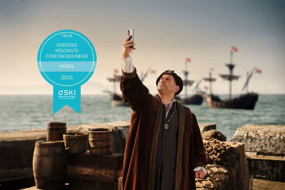 Telia ad featuring Columbus searching for mobile coverage, with award for most satisfied business customers.