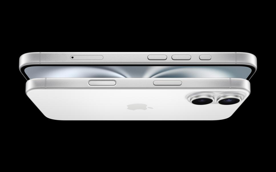 iPhone 16 fram- och baksida i vit färg.