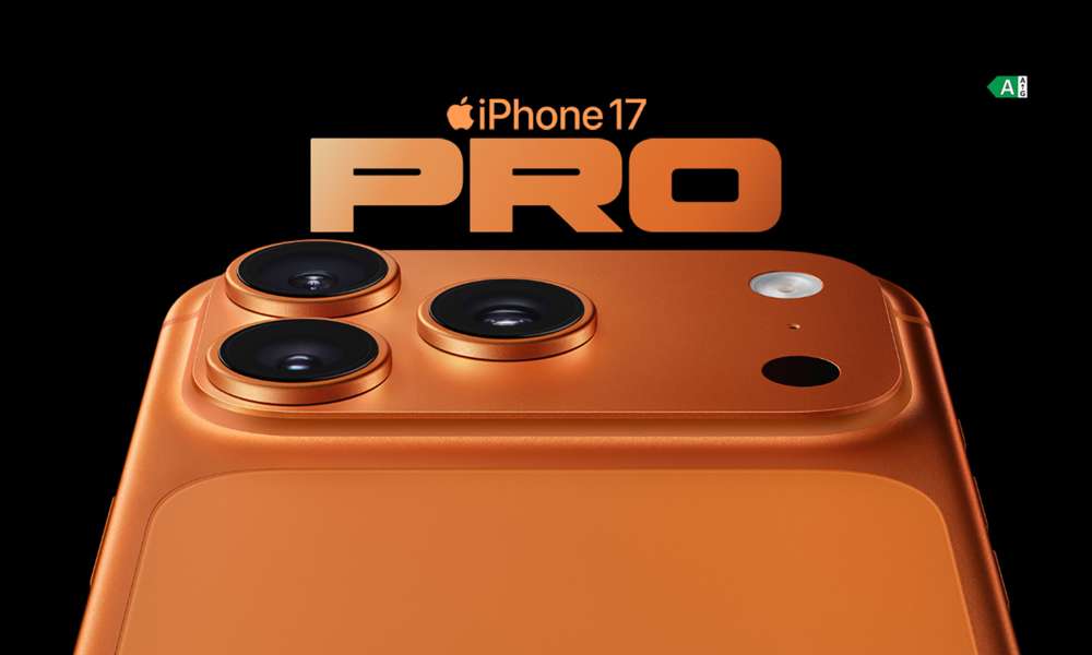 Orange iPhone 17 Pro med svart bakgrund