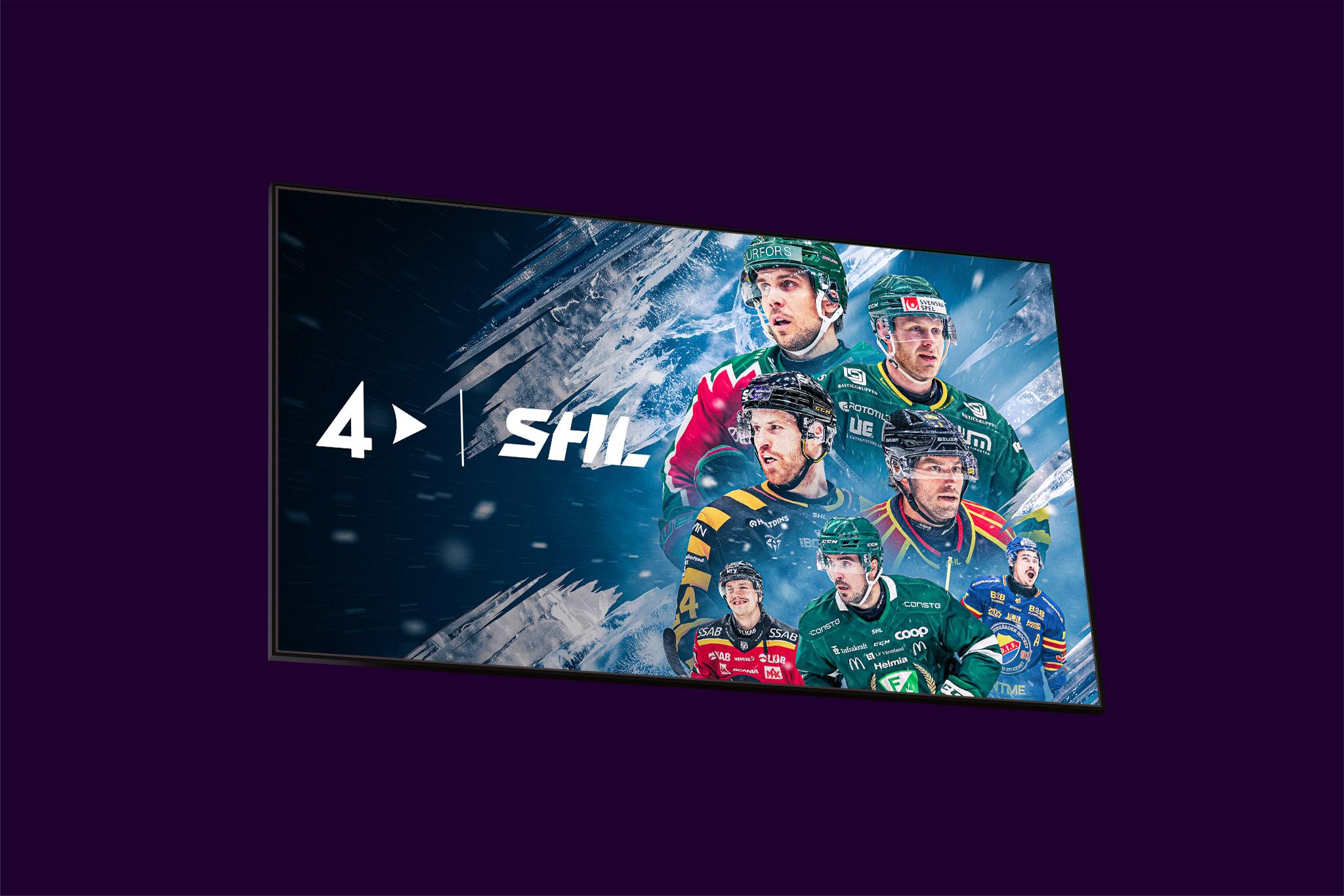 Tv-skärm med aktuella hockeyspelare från SHL 2026 som du kan streama på TV4 Play.