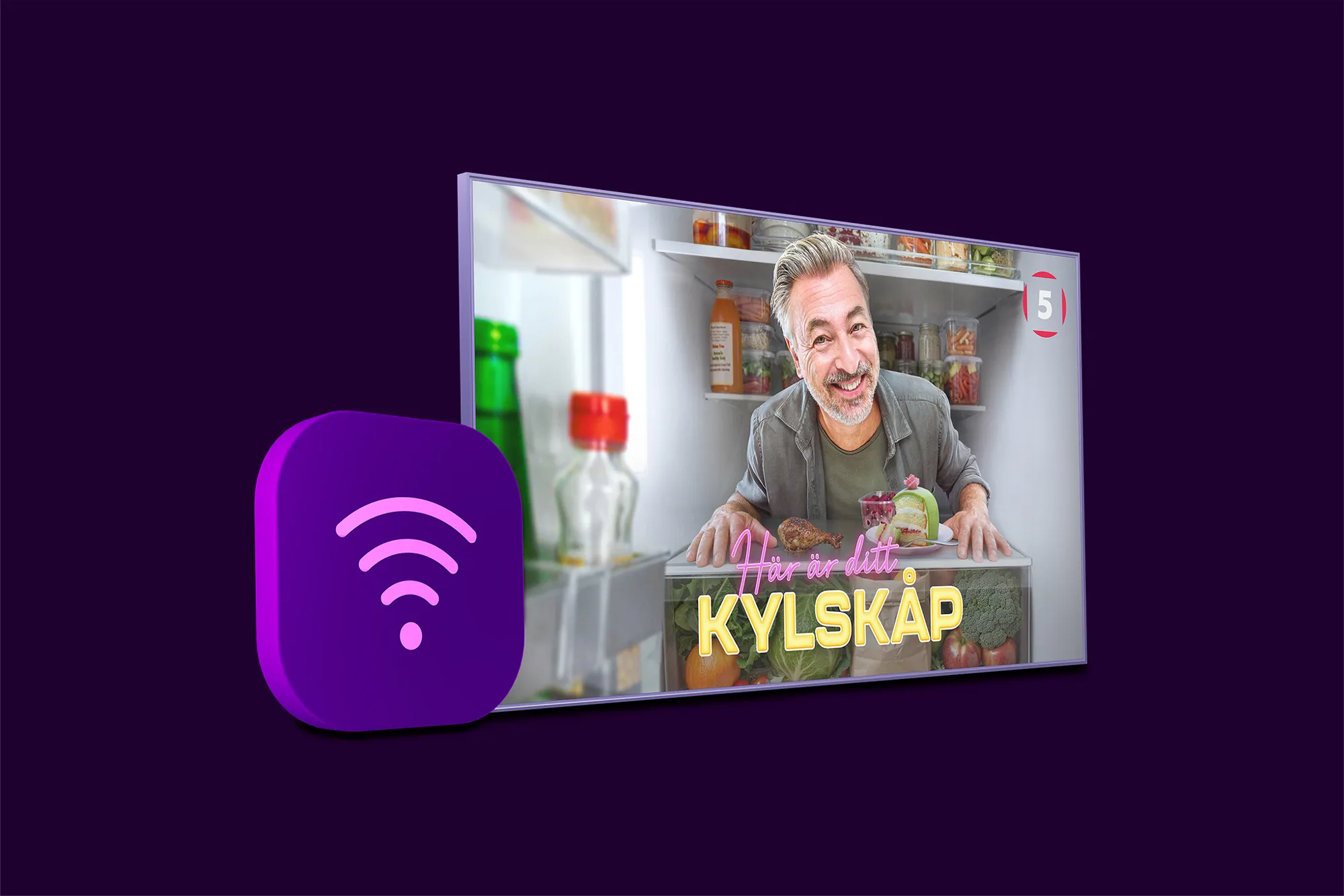 En wifi-symbol och en tv-skärm med innehåll från Här är ditt kylskåp med Tareq Taylor på Kanal 5 som du kan se med vårt populära bredband och tv-paket.