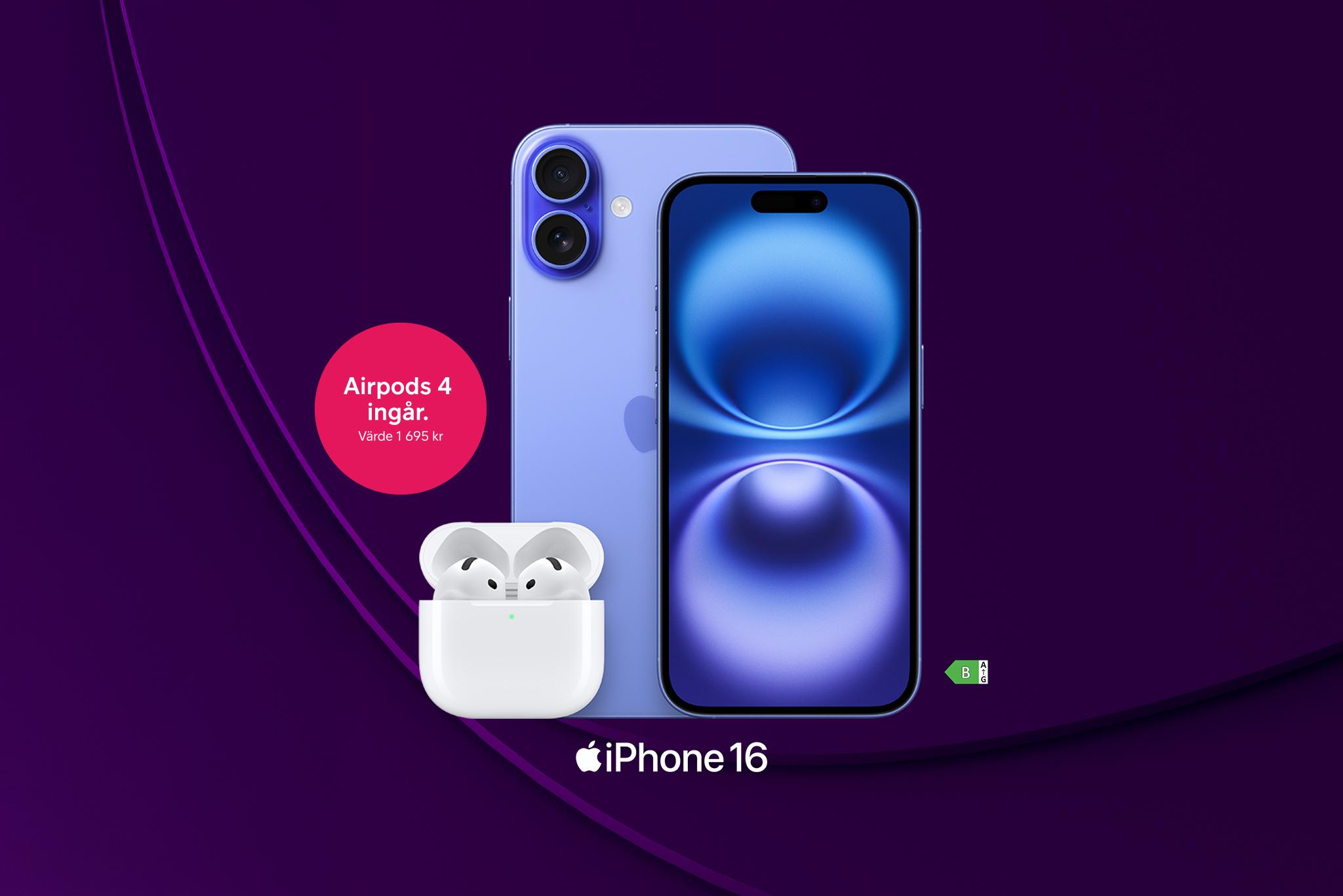 iPhone 16 + AirPods 4 ingår, värde 1 695 kr