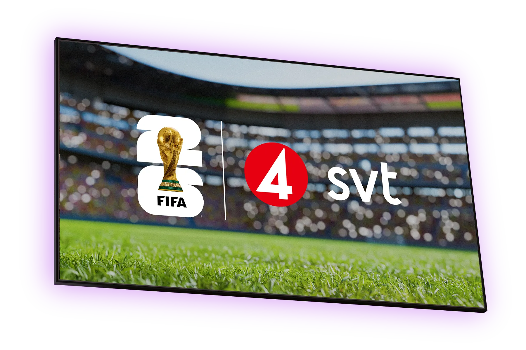 En fotbollsplan med FIFA, TV4 och SVT logotoper. Streama FIFA fotbolls-VM 2026 på TV4 och SVT med Telia. 