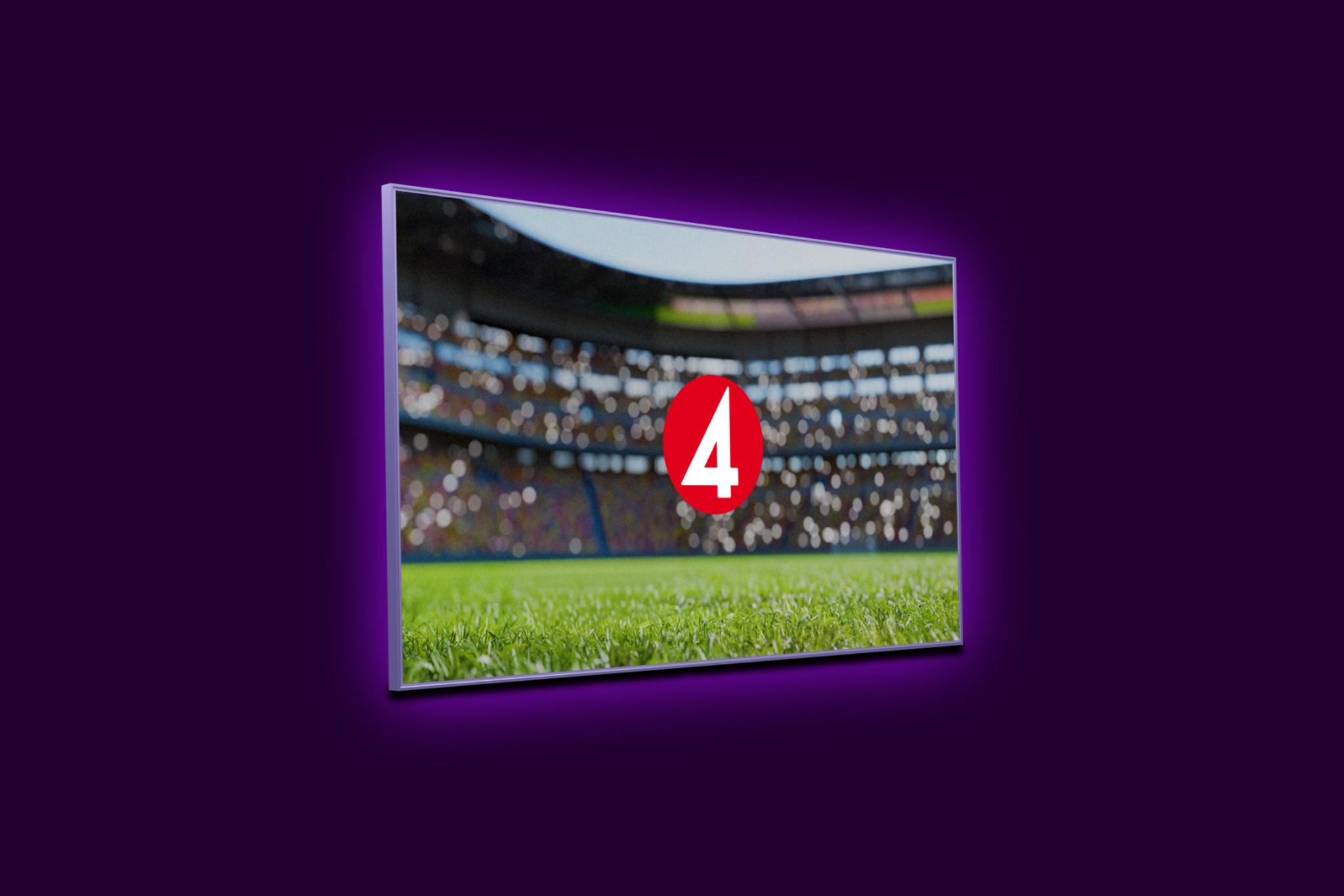 Tv-skärm med en fotbollsplan och TV4:s logotyp. Följ sporten på TV4 med Tv Mini i sommar.