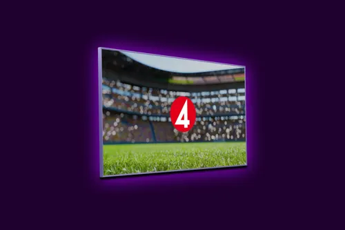 Tv-skärm med en fotbollsplan och TV4:s logotyp. Följ sporten på TV4 med Tv Mini i sommar.