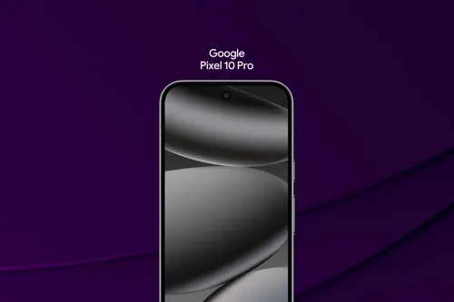 Google Pixel 10 Pro med lila bakgrund