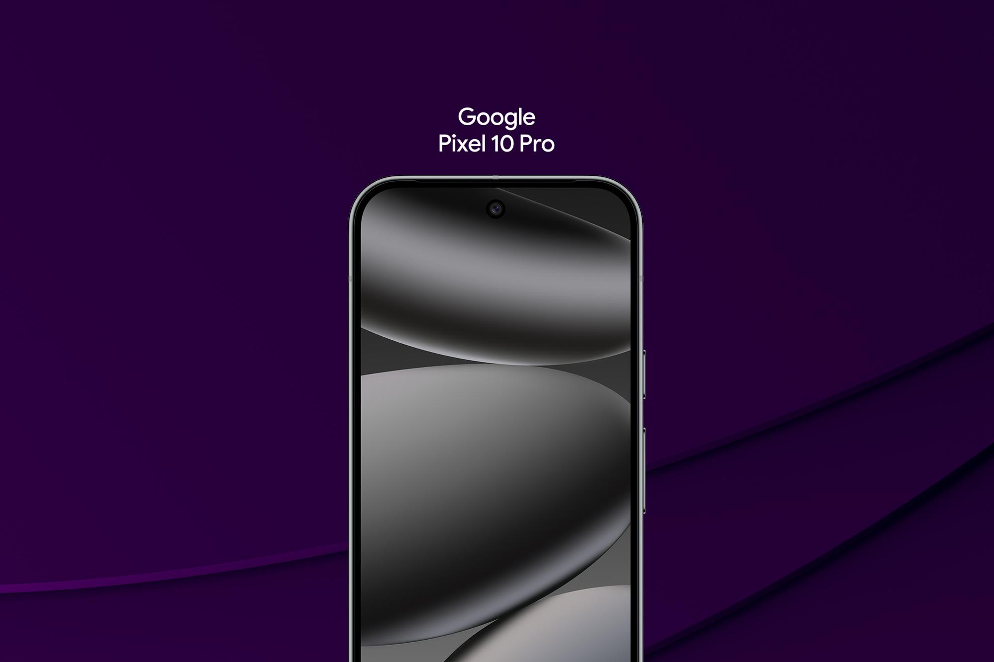 Google Pixel 10 Pro med lila bakgrund