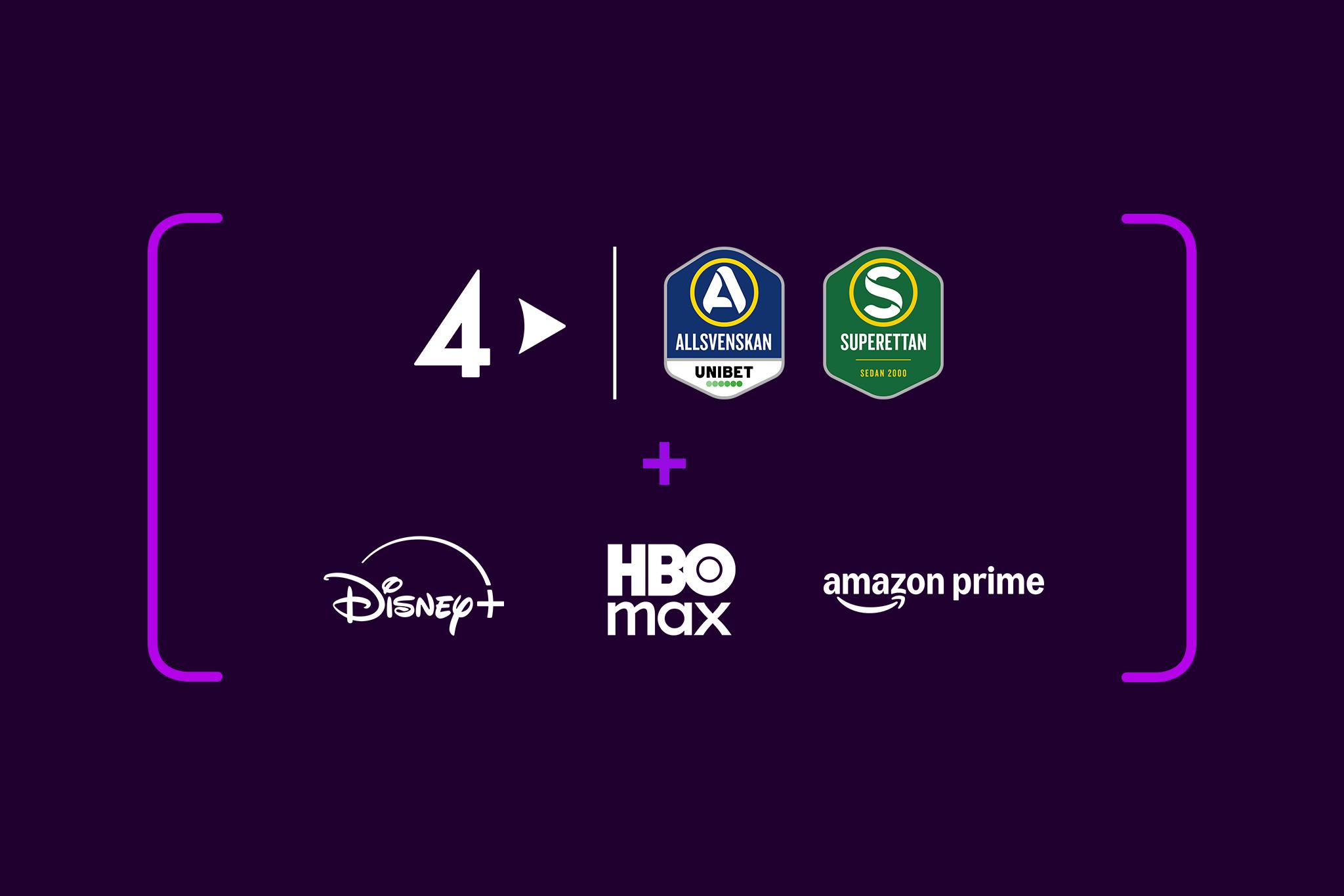 Loggor med streamingtjänsterna och dess sporträttigheter som ingår i Lilla sportpaketet. Streama t.ex. Allsvenskan från TV4 Play och mycket mer från Disney+, HBO Max och Amazon Prime.