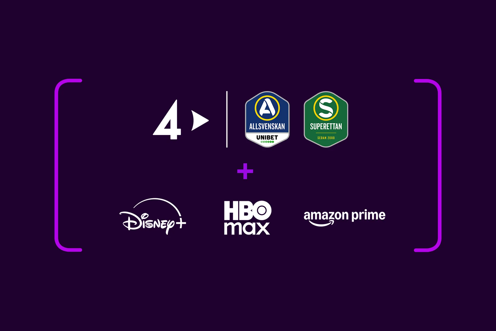 Loggor med streamingtjänsterna och dess sporträttigheter som ingår i Lilla sportpaketet. Streama t.ex. Allsvenskan från TV4 Play och mycket mer från Disney+, HBO Max och Amazon Prime.