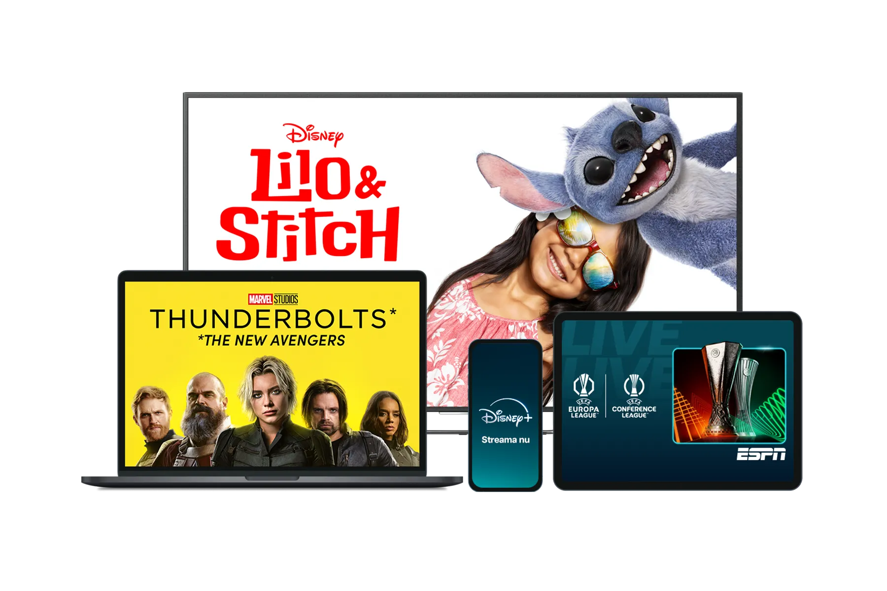 Flera skärmar med innehåll från Lilo & Stitch, Thunderbolts och UEFA som går att streama på Disney+ med Telia just nu.