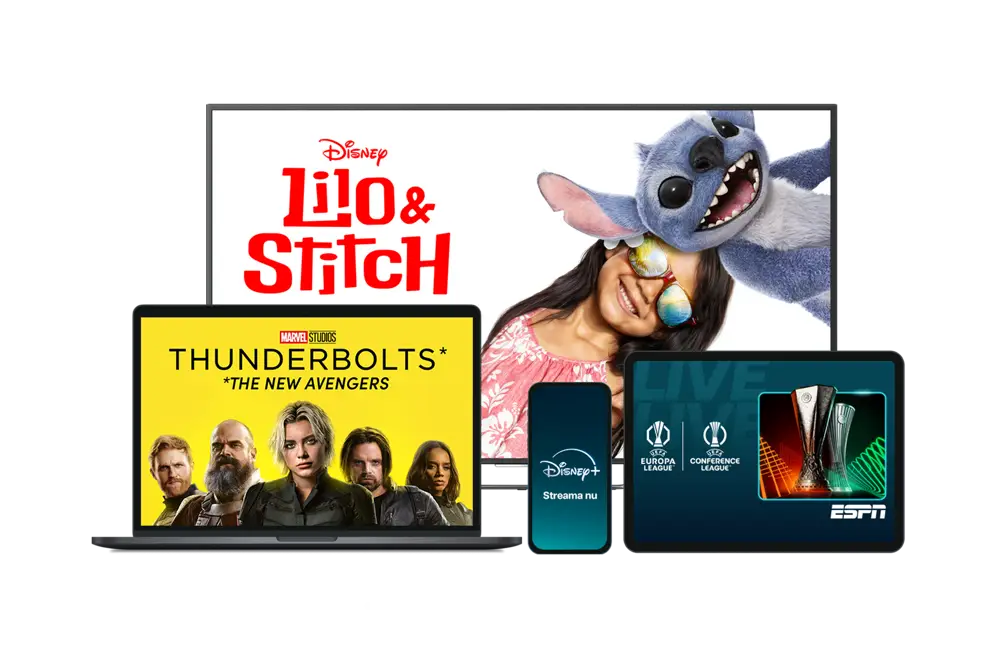 Flera skärmar med innehåll från Lilo & Stitch, Thunderbolts och UEFA som går att streama på Disney+ med Telia just nu.
