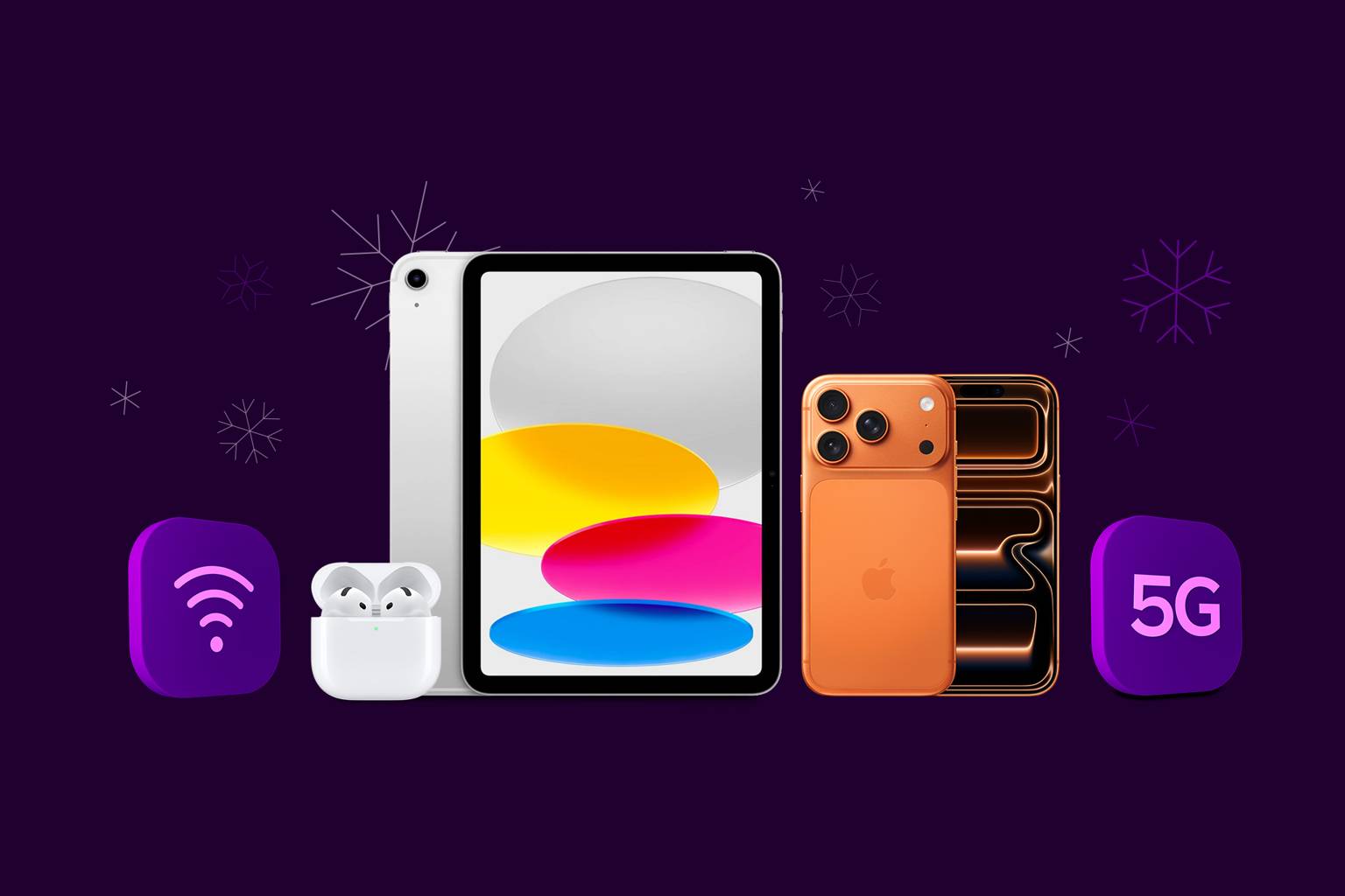 Apple iPhone 17 Pro, iPad 11 och Airpods 4, lila bagrund med snöflingor