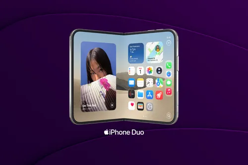 iPhone Duo med lila bakgrund och content i skärm