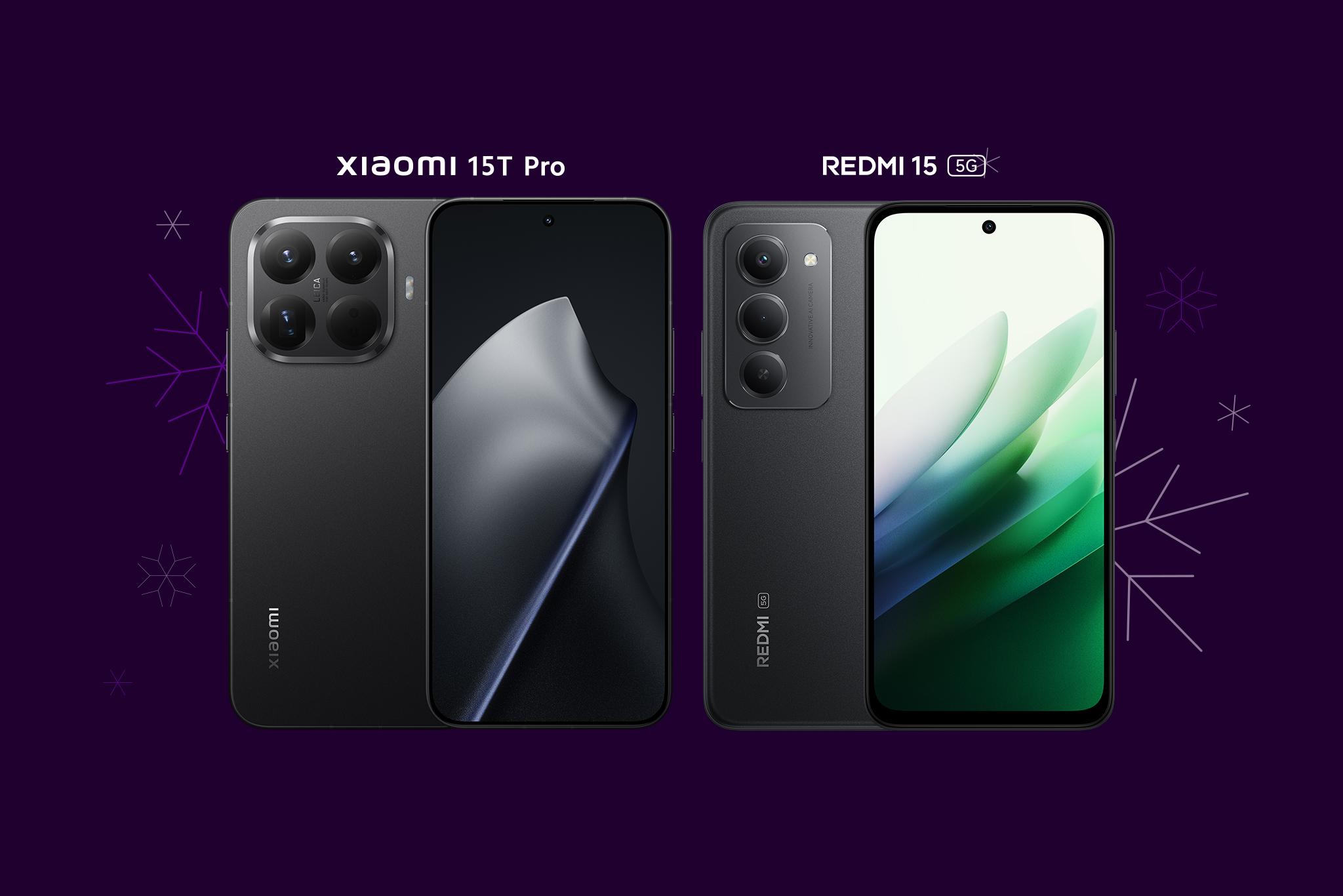 Xiaomi 15T Pro + Redmi 15 med snöflingor